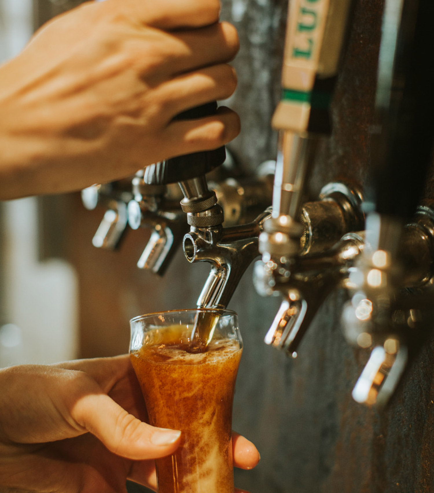 pouring beer from a tap at the bar into a glass
